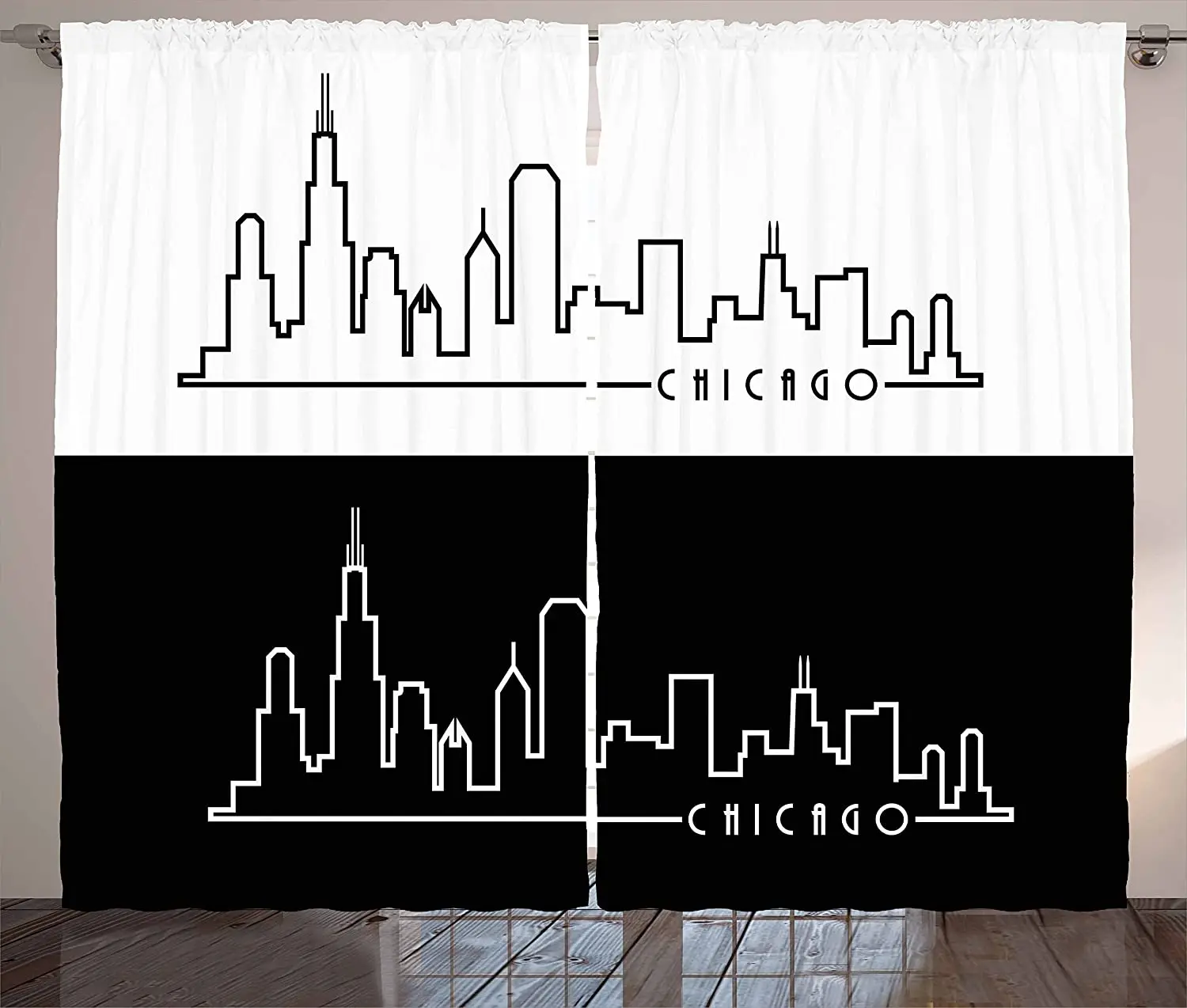 

Chicago Skyline Blackout Curtains Minimalist Style Urban Plan View City Chart Sketch American Abstract Window Curtain