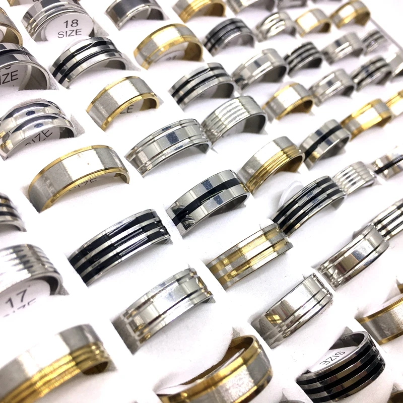Wholesale 50pcs Mens Womens Rings Stainless Steel Mix Styles Stripe Fashion Jewelry Finger Ring Size 17-21mm Dropshipping
