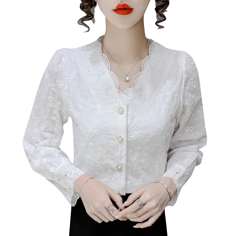 Puff manga longa flores crochê blusa de renda feminino francês v pescoço oco para fora camisa outono branco elegante mulher topo blusas 16650