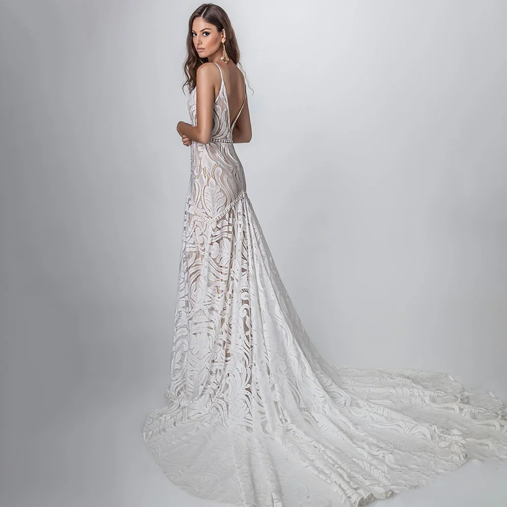 Sleeveless Spaghetti Strap Deep Sweetheart Wedding Dress Trumpet Lace Backless Customized Bohemian Beach Bridal Gown With Train