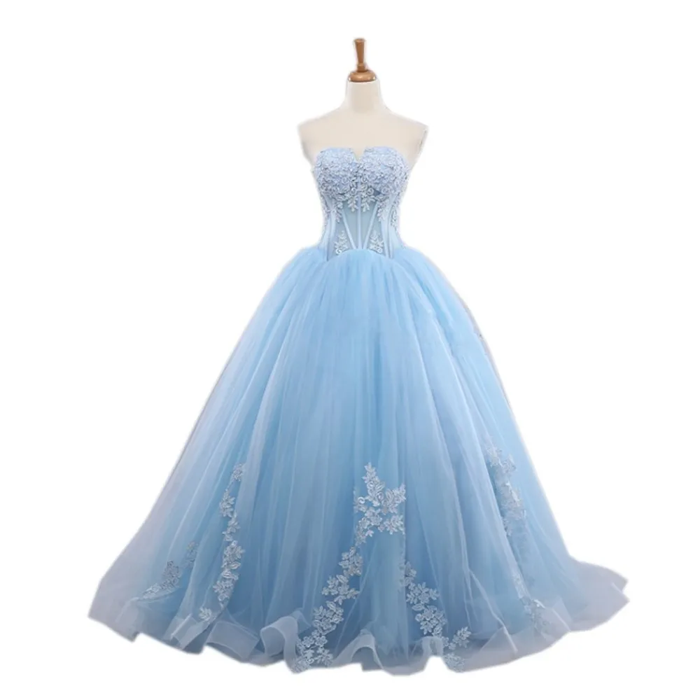 Moderne Licht Blau Tüll Ballkleid Brautkleider Brautkleider Plus größe Weiß Spitze Applique Sehen Durch Gericht Zug