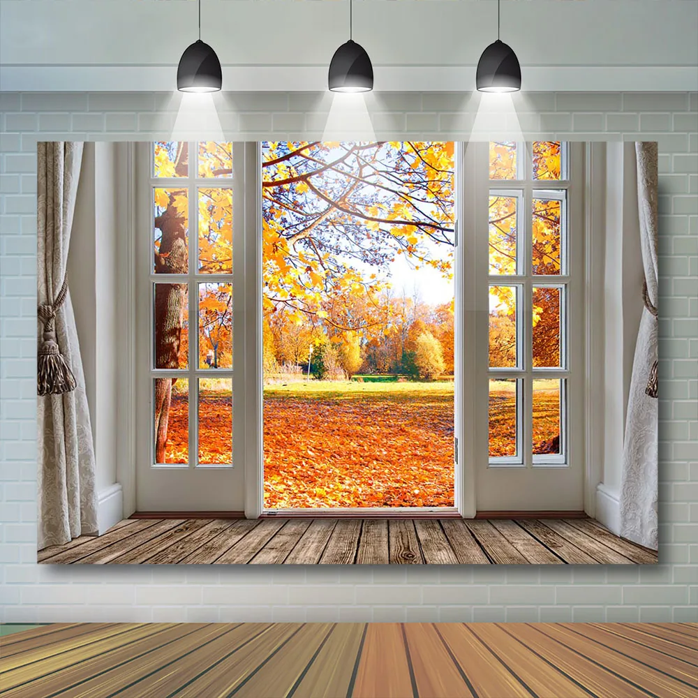 Autumn Leaves Photography Background Bedroom Door Window Backdrop Fantasy Forest Tree Props Wood Floor Banner Photo Studio