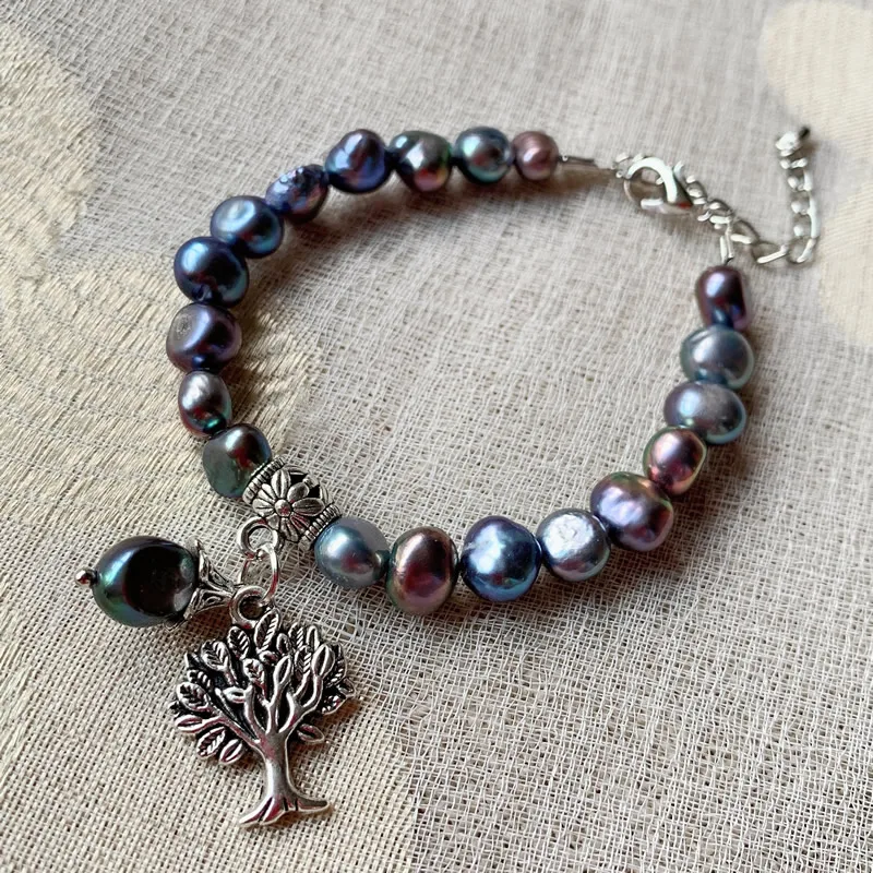 Rainbow Black Baroque Pearl Bracelets Women Natural Freshwater Pearl Bracelets Tree Charm Prayer Life Healing Reiki Meditation