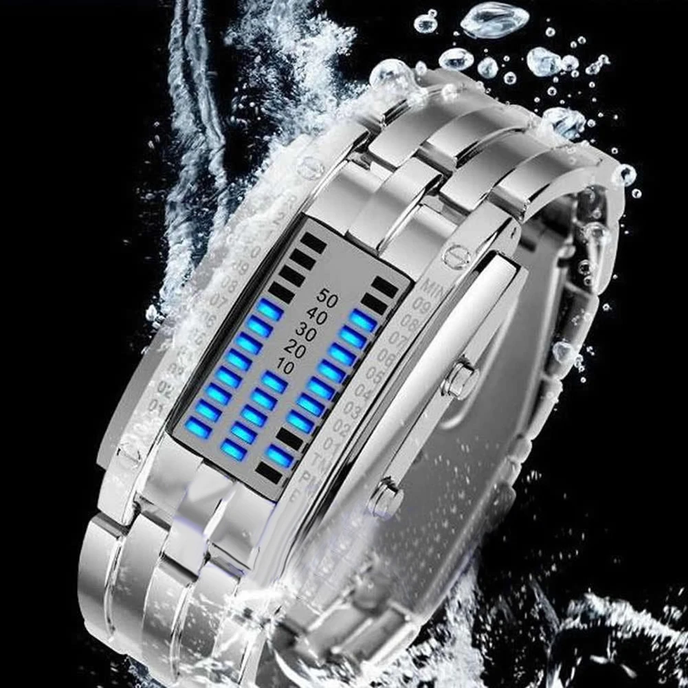 Elektronische Uhr Edelstahl Armband Uhr Männer Frauen Eisen Samurai Metall LED Gesichtslosen Digitale Armbanduhren