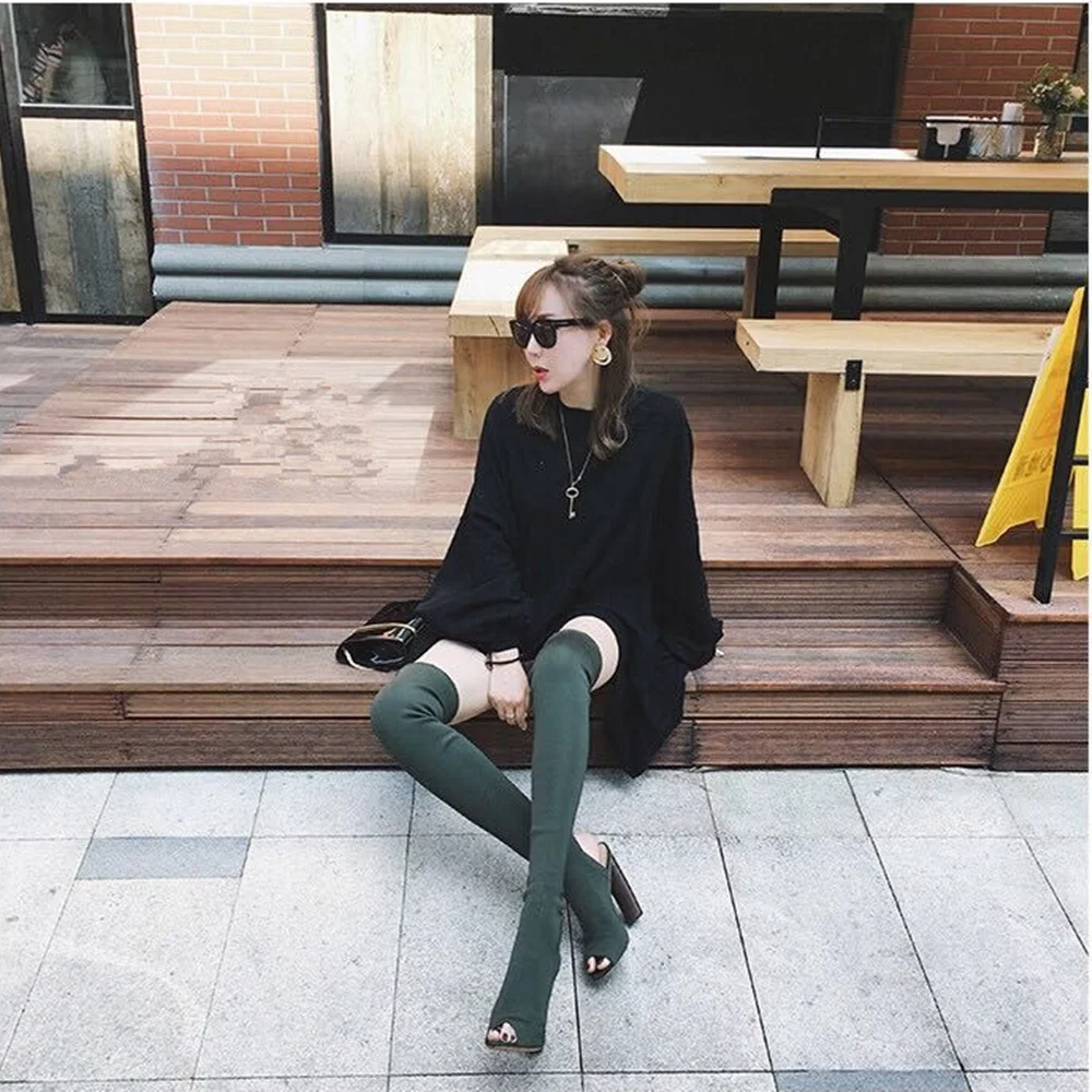 The Hottest 2021 Army Green Stretch Fabric Women Knit Sock Boots Chunky High Heels Pumps Shoes Woman Fish Toe Knee High Booties