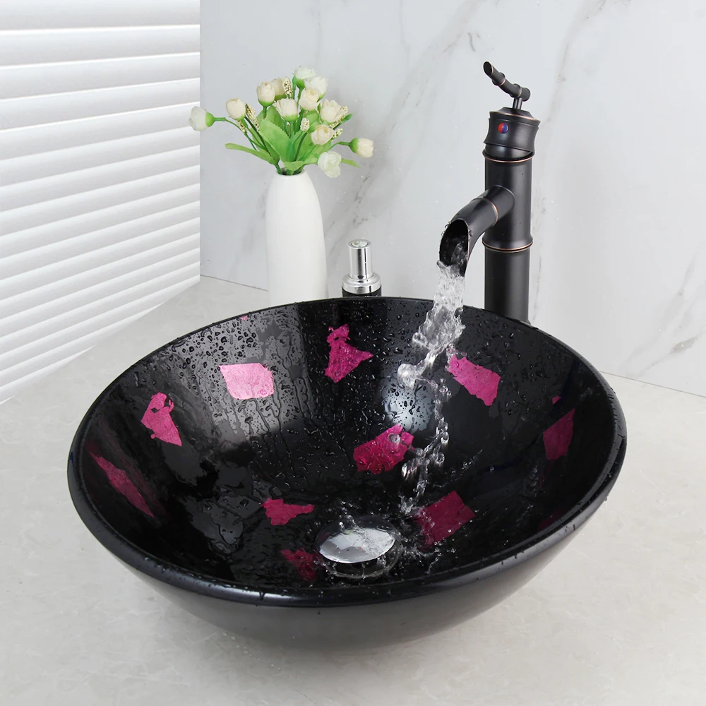 Monite Purple Tempered Glass Sink Washbasin Lavatory Bamboo Waterfall Soild Faucet Bathroom Sink Combine Faucet Mixer Tap