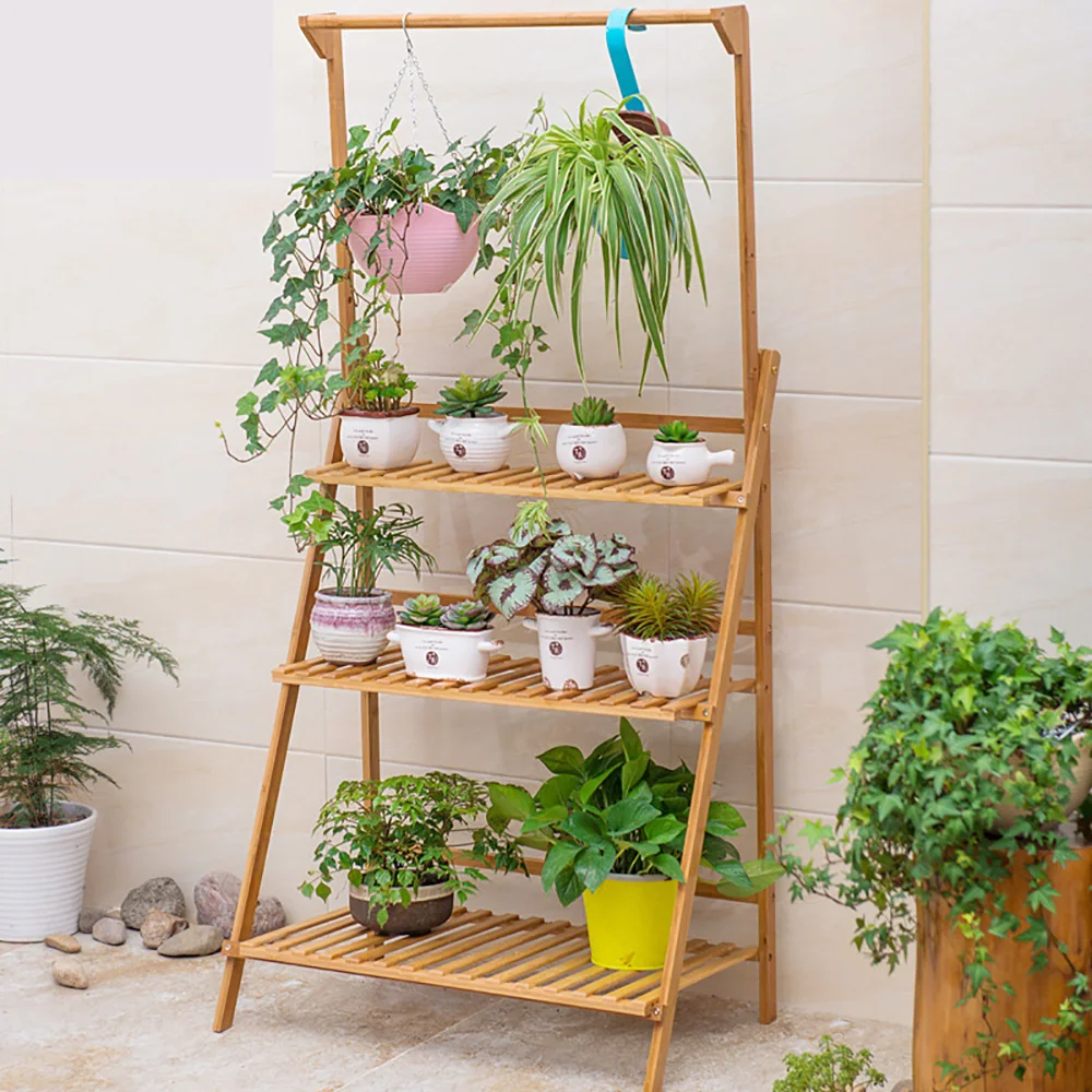 100cm 3 Tier Foldable Bamboo Flower Pot Plants Display Shelf Planter Organizer for Outdoor Indoor