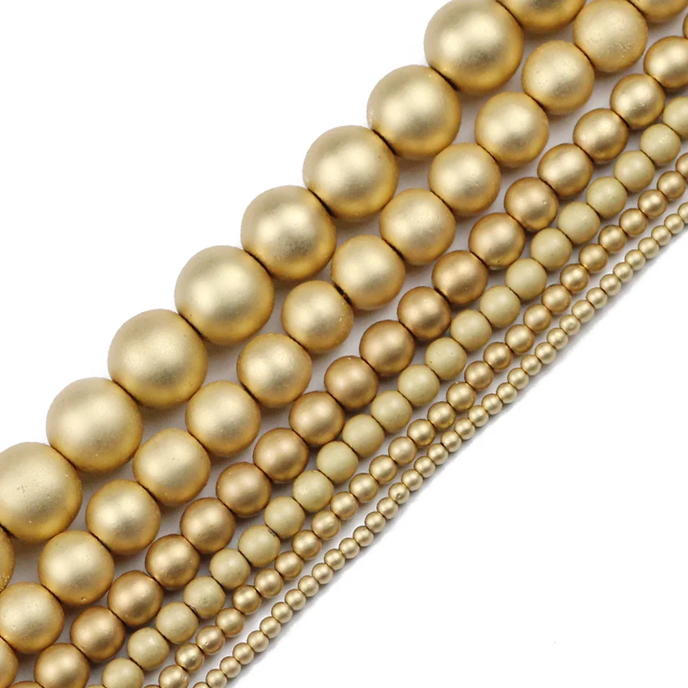 

Matte KC Gold Color Hematite Natural Stone 2/3/4/6/8/10mm Round Spacer Loose Beads For Jewelry Making Diy bracelets Accessories