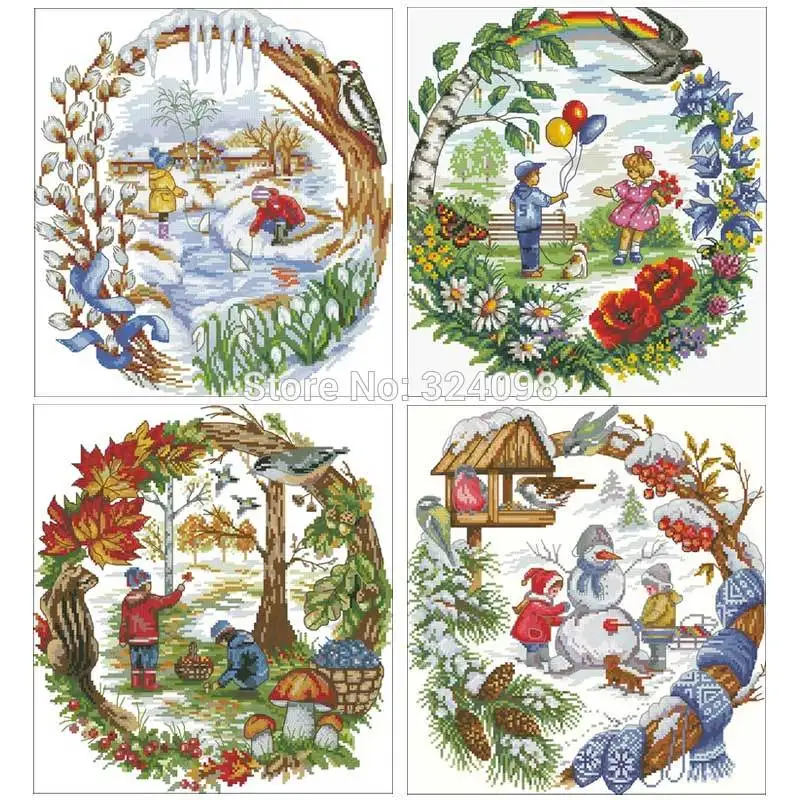 Four seasons for children patterns Counted Cross Stitch 11CT 14CT 18CT DIY Chinese Cross Stitch Kits Embroidery Needlework Sets