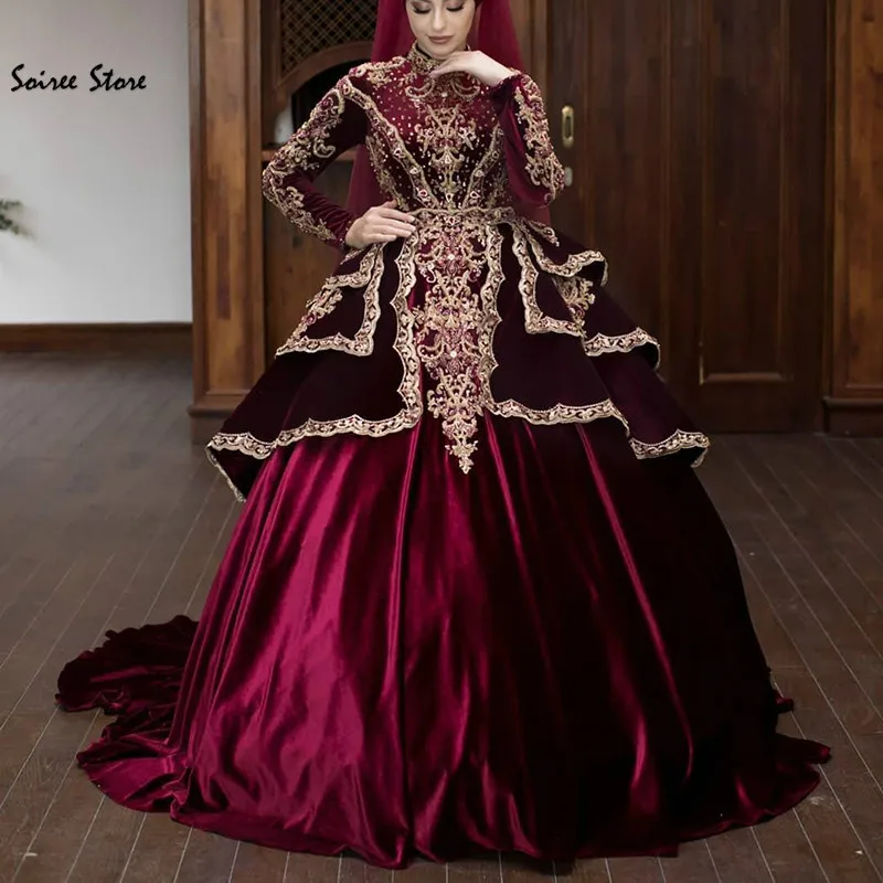 Vintage Muslim Burgundy Wedding Dress Long Sleeve Ball Gown Arabic Indian Wedding Gown High Neck Beaded Velvet Bride Customized