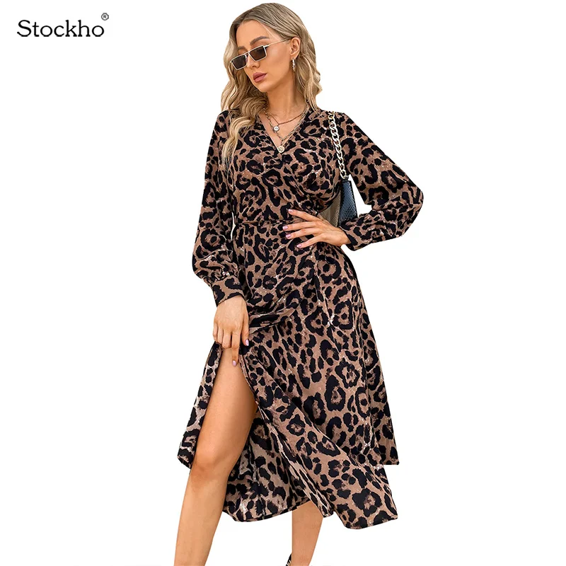 

Women's Autumn Leopard Print Dress V-Neck Chiffon Mid-Length Dress Women's All-Match Leopard Print Bottoming Long-Sleeved Shirt