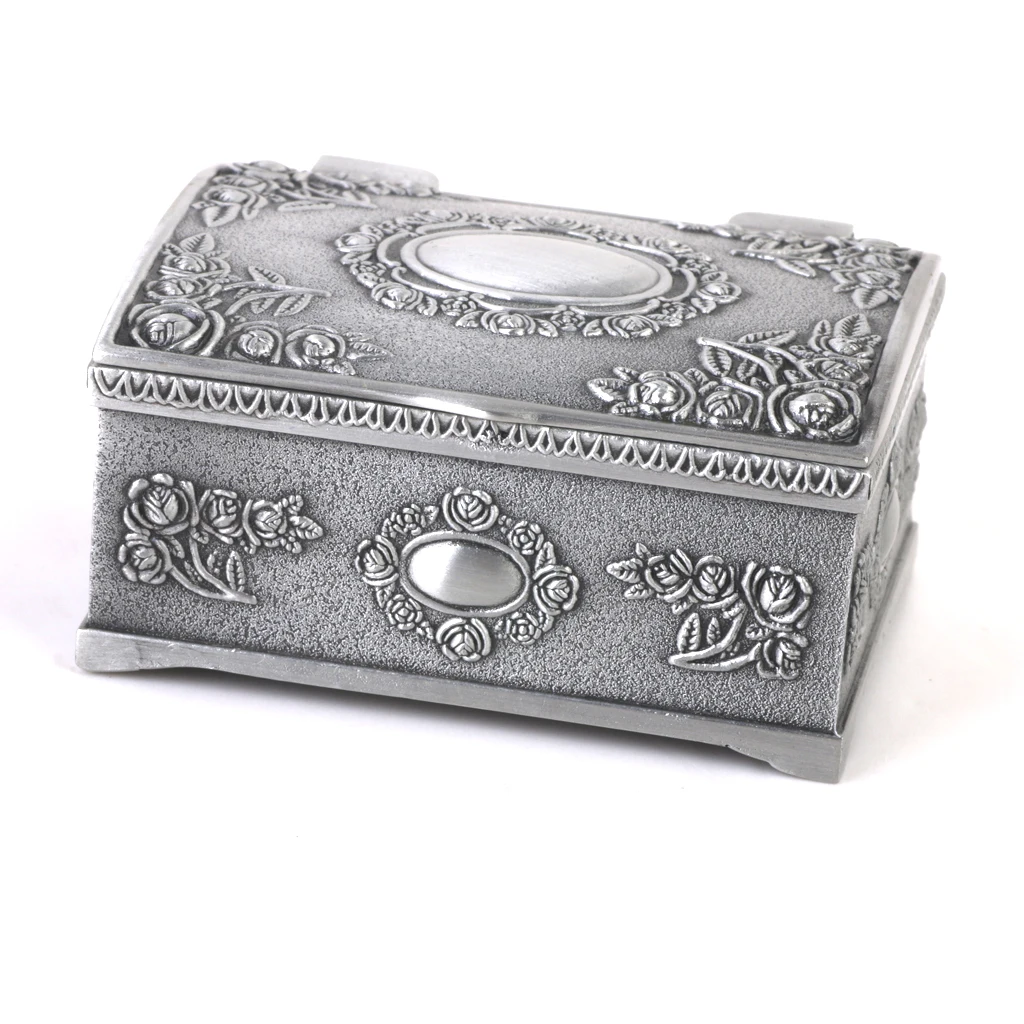 Stylish Fashion Treasure Chests Shape Tin Jewelry Ring Box Gift Case Antique Silver