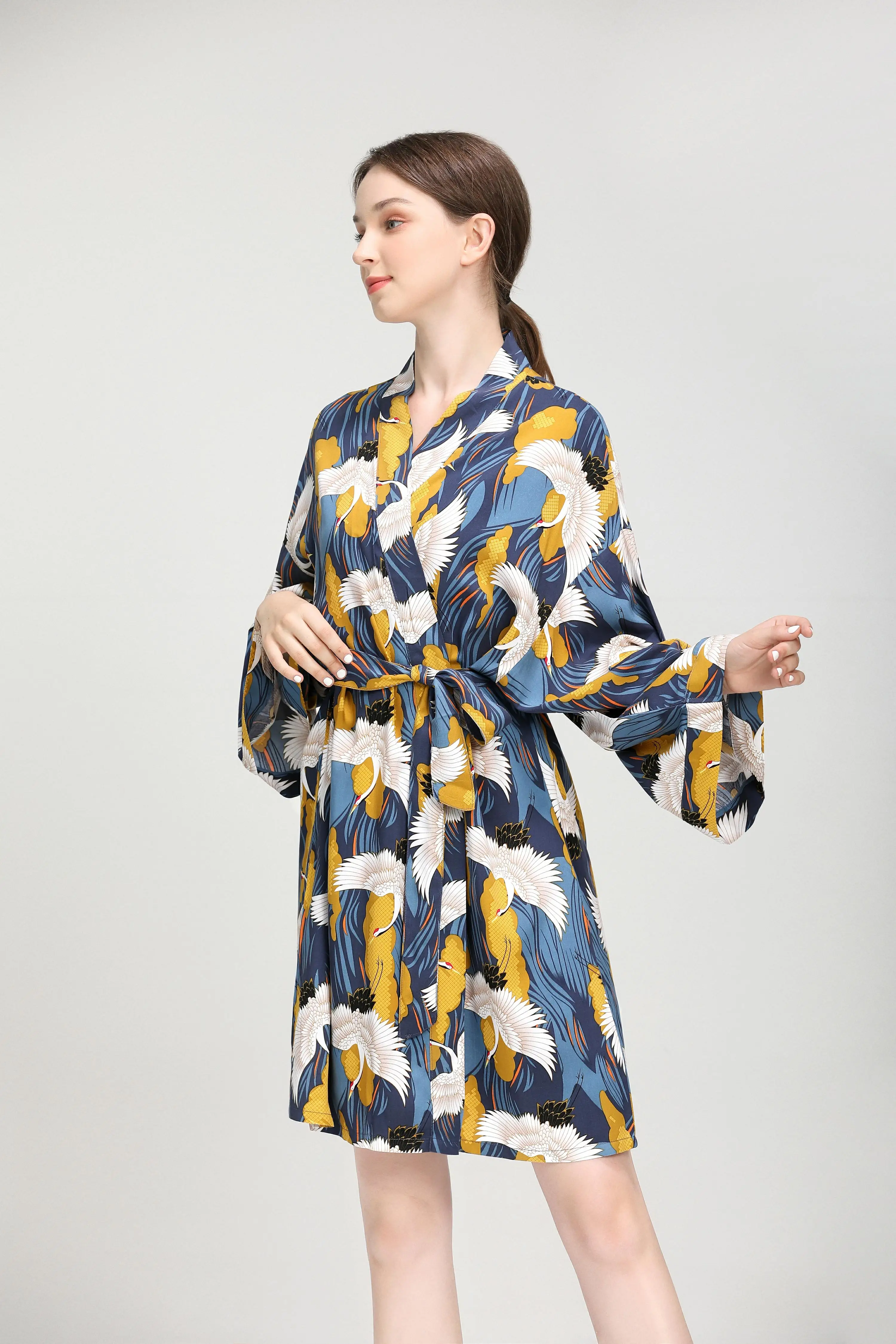 Yellow Crane New Sleepwear Robe Spring Viscose Women Nightgown Flower Printed Long-Sleeve Pajamas Bathrobe for Female