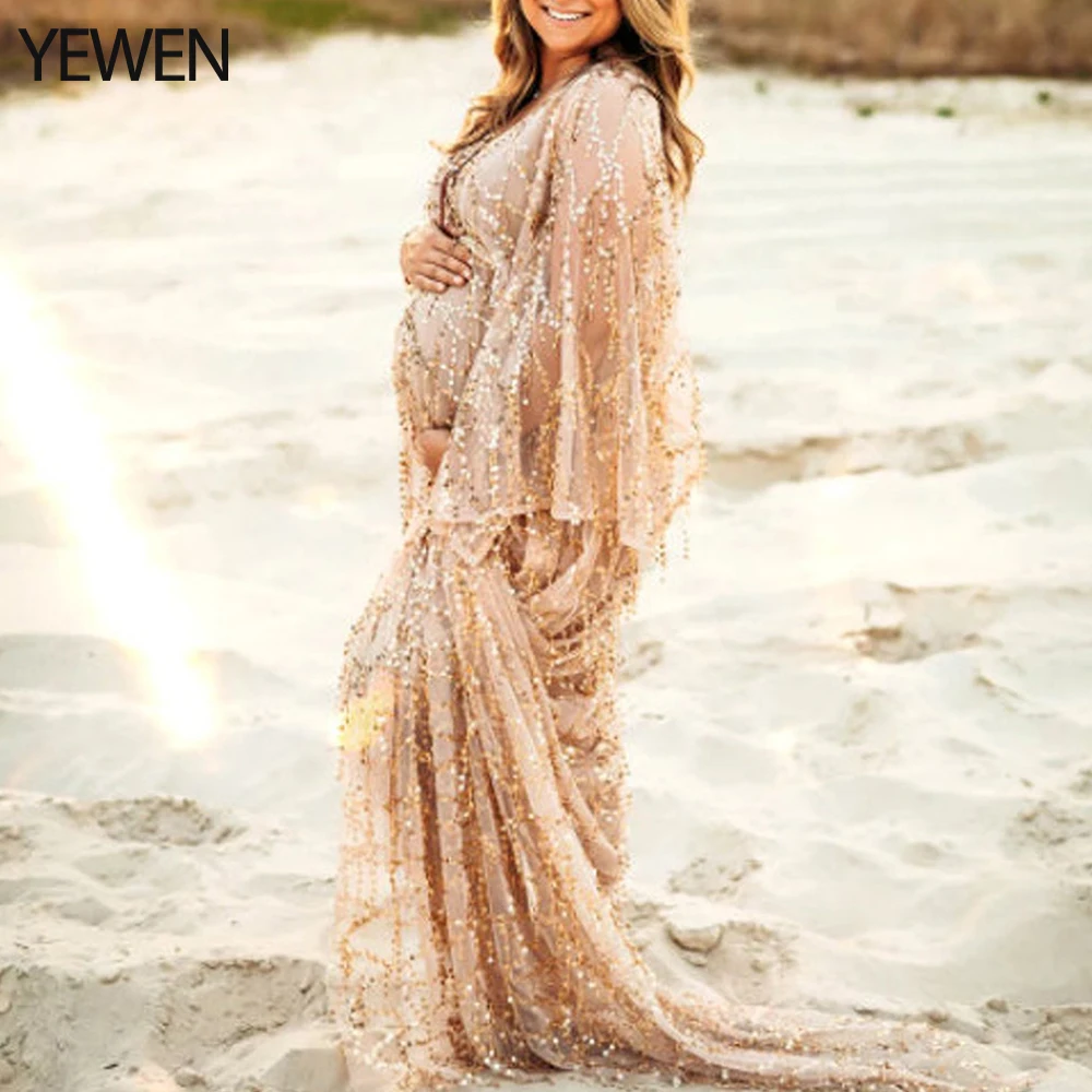 Sparkly See Through Long Sleeves Photo Shoot Gown Boho Flowy Maternity Dress  for Photo Shoot Plus Size YEWEN YW231034 - AliExpress