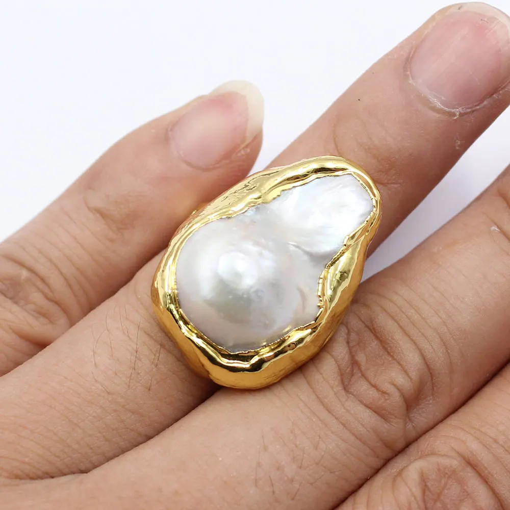 GuaiGuai Jewelry Natural White Baroque Pearl Gold Color Plated Filled Rings Adjustable Size Rings Luxury Style For Women