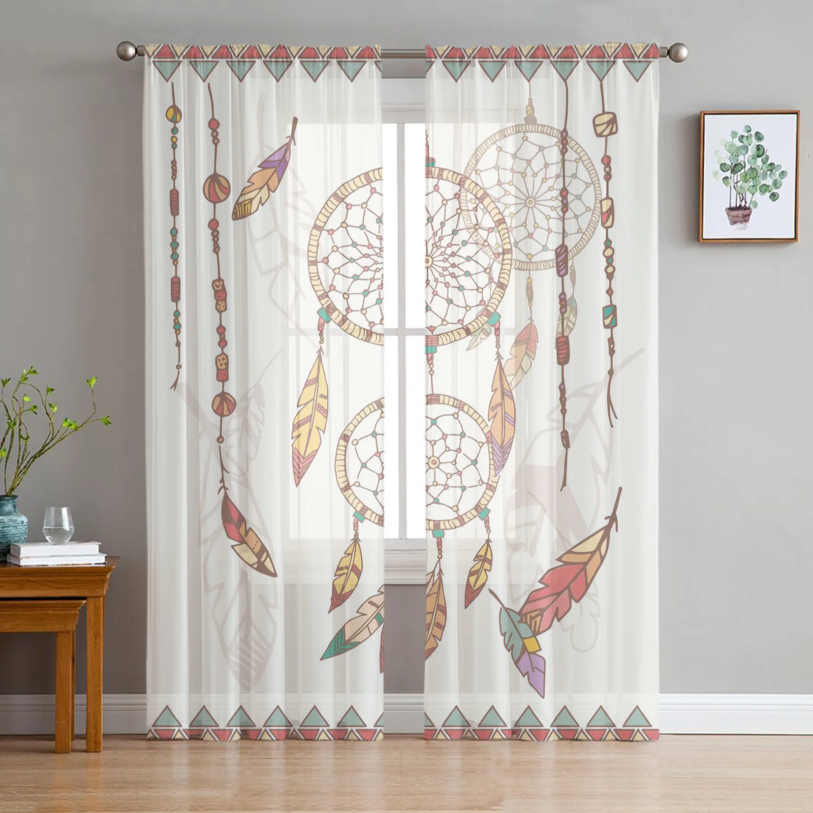 Indian Colored Dream Catcher Feathers Tulle Sheer Window Curtains for Living Room Kitchen Children Bedroom Voile Hanging Curtain