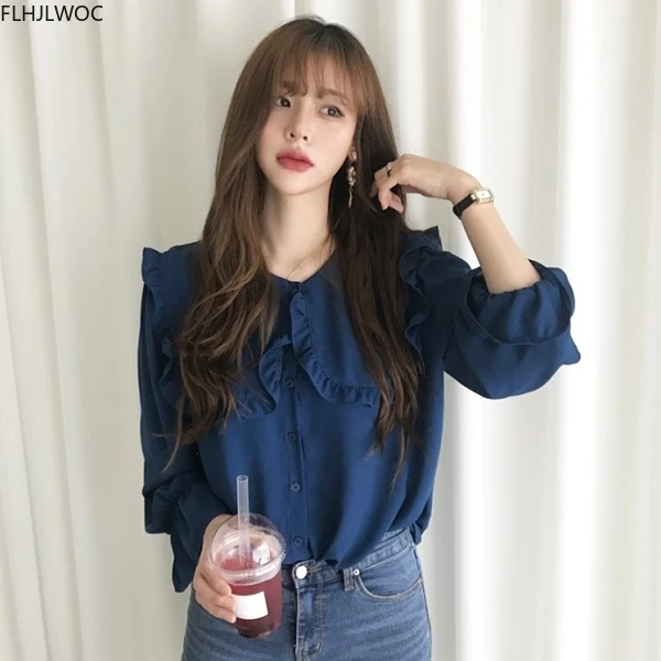 Chic Korea Fashion Women Flare Sleeve Cute Sweet Peter Pan Collar Tops Solid Single Breasted Button Shirts