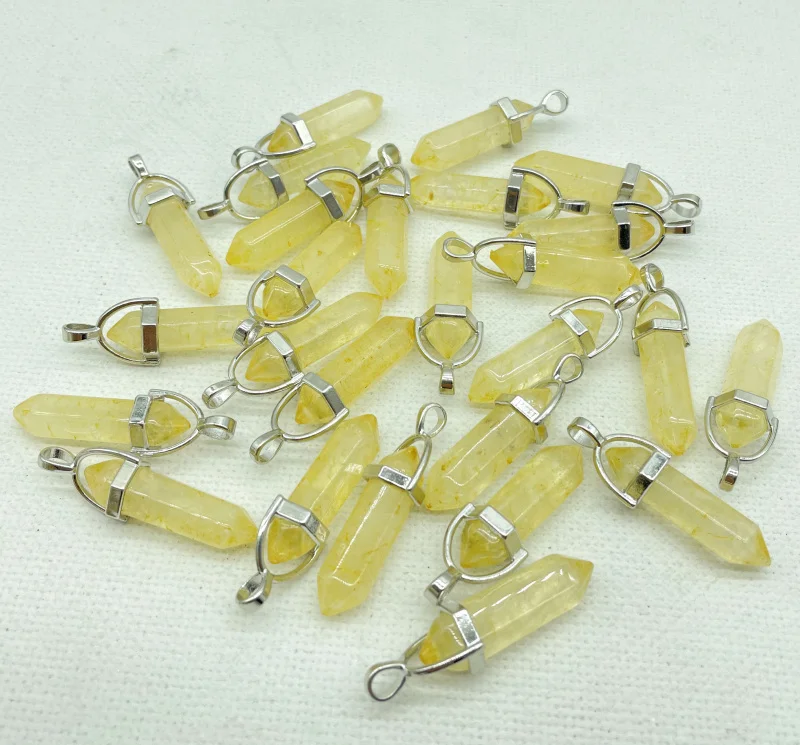 

Natural Gem Stone Quartz Yellow Crystal Fluorite Citrine Hexagonal Pendulum Reiki Charm Pendants Jewelry Making Necklaces 24Pcs