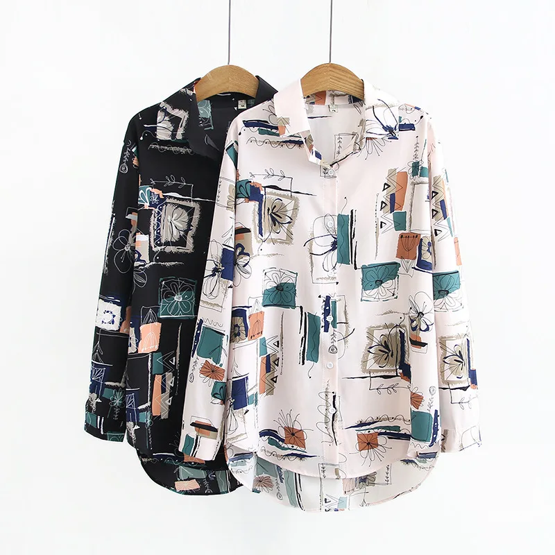 

Fall New Large Size Casual Shirts 4XL 5XL 6XL 7XL Fashion Lapel Long Sleeve Vintage Print Chiffon Single Breasted Shirts