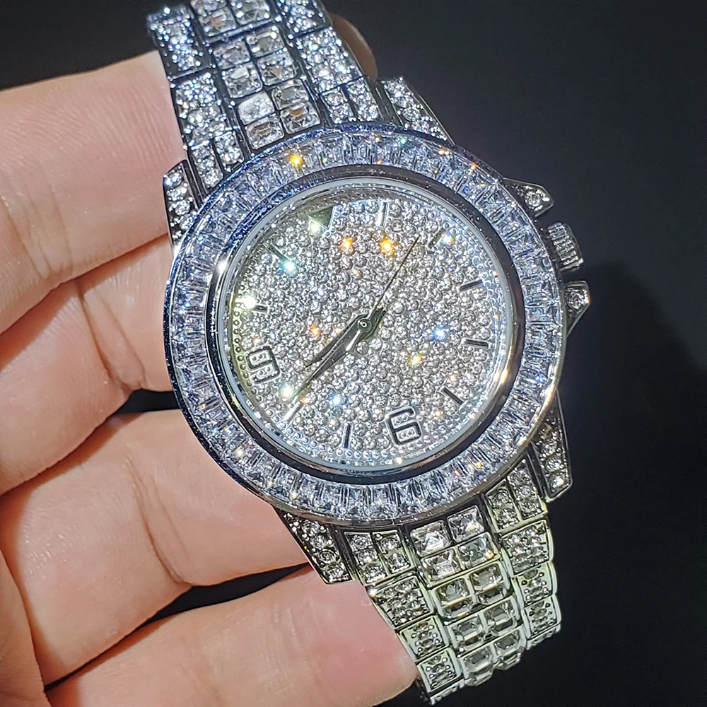 Hip Hop Fashion Classic Male Watches Baguette Diamond Stainless Steel Men Quartz Wristwatches Top Brand Luxury Silver Clock