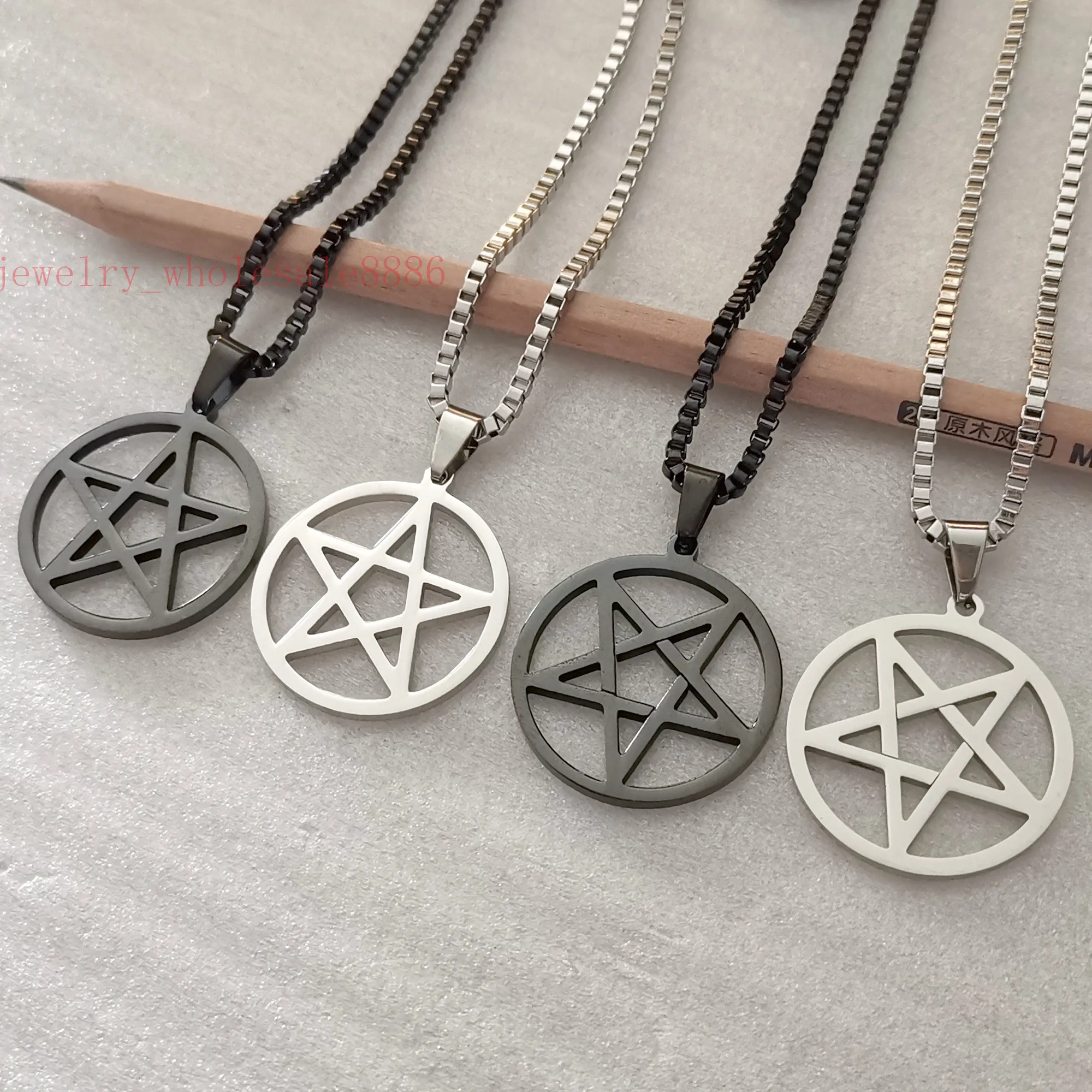 Men Pagan Wicca Inverted Star Pentagram Stainless Steel Pendant Necklace box Chain 2.4mm 24\'\'