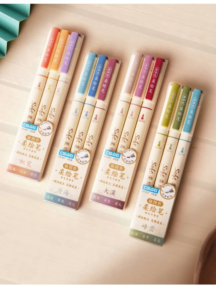 3pcs Retro Color Art Marker Drawing Pens Set Soft Brush Tip Original Design for Calligraphy Lettering Painting School F335