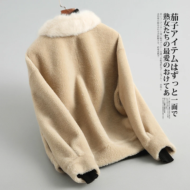 

Parka Real Fur Sheep Shearing Coat Female Mink Fur Collar Winter Natural Wool Jackets Women Short Warm Clothes LWL1376