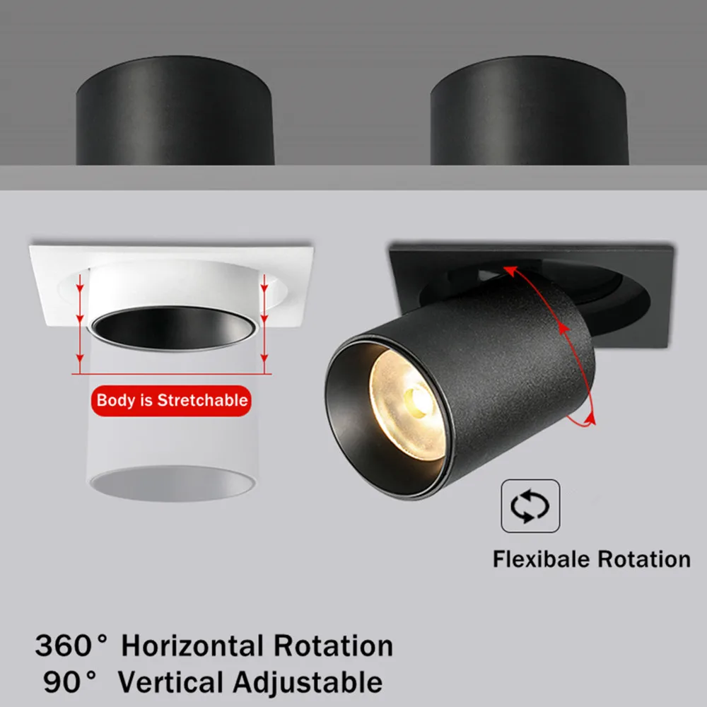 Luz empotrable LED COB estirable con ajuste de ángulo cuadrado, 7W, 10W, 12W, foco de techo LED, cocina, sala de estar, interior