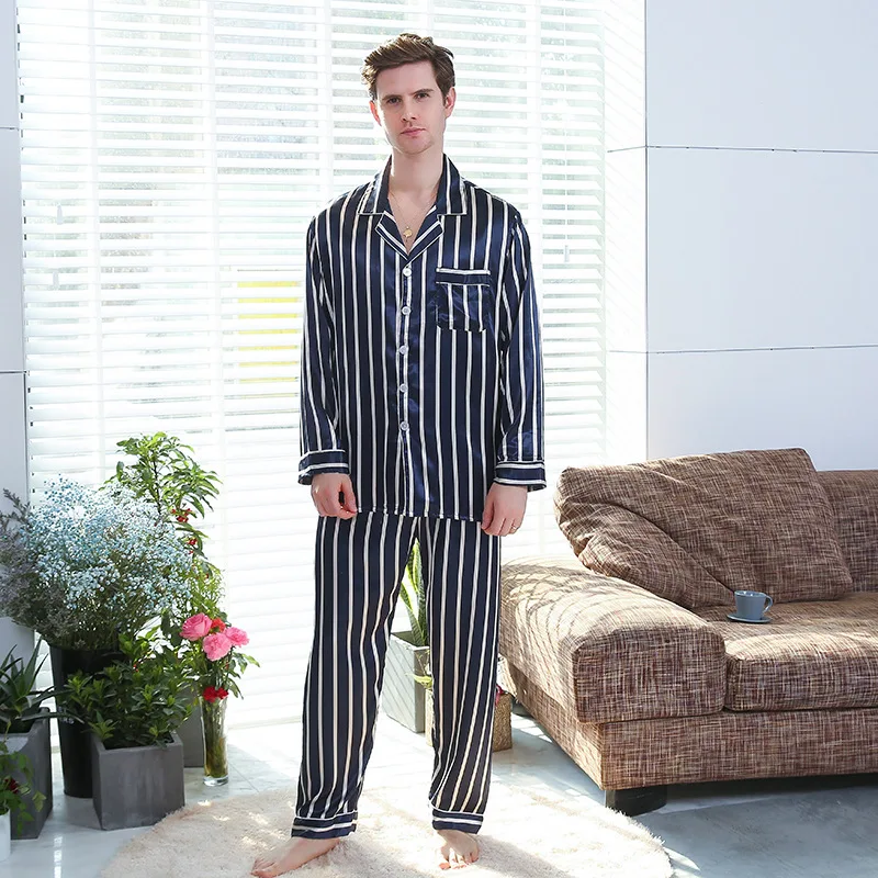 Navy-Blue Striped Nightgown Men Pajama Set Nightwear Sleepwear Home Suit 2PCS Pyjamas Male пижама для мужчин