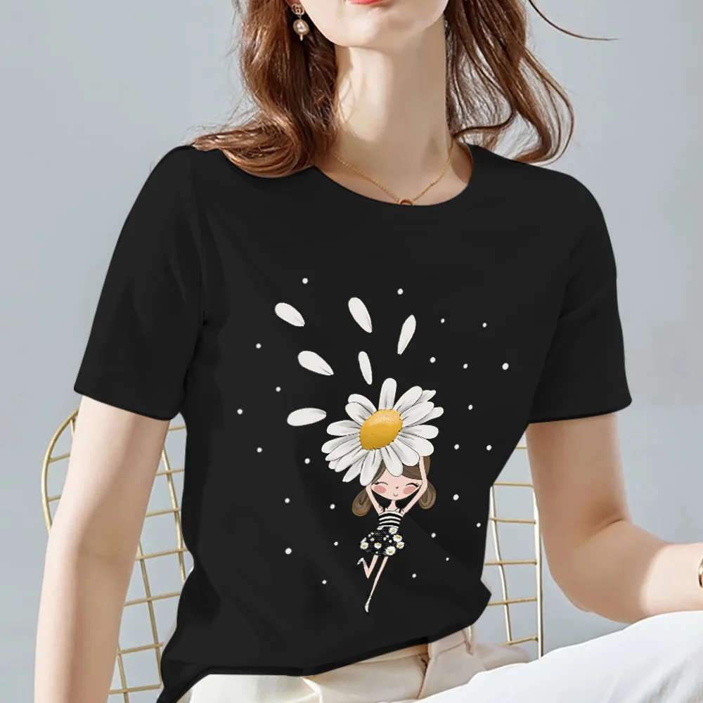 Women Tops XXS-3XL TShirt Summer New Daisy Flower Graphic Shirts Short Sleeve Tops Black All-match Printed Tees Dropshipping