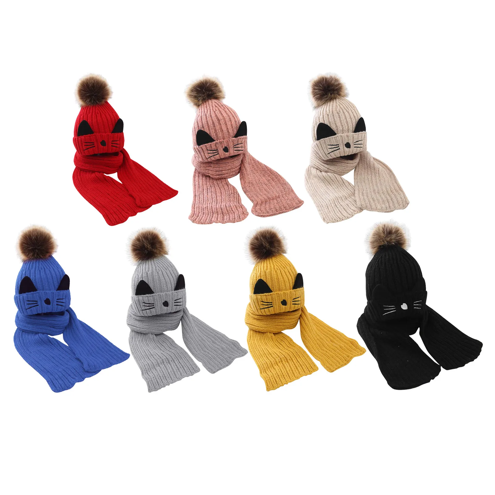 

3 to 10 Years Old Hairball Beanies Sets Velvet Wool Kids Knitted Fur Hats Winter 2 Pcs Boys Girl Scarf Hat Set Child