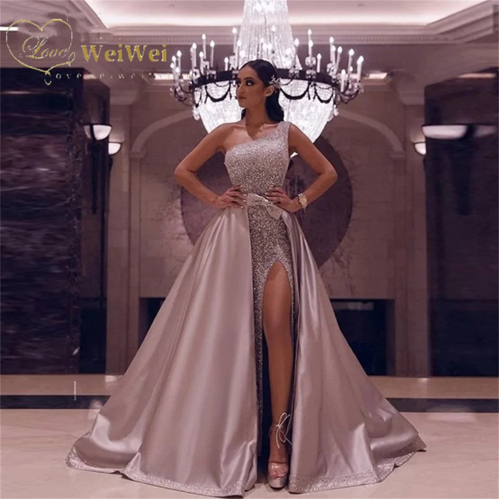 Sexy One-Shoulder Prom Dresses A-Line Sleeveless Sweep Train Side Slit Sequin Evening Dress Long Gowns For Party Night