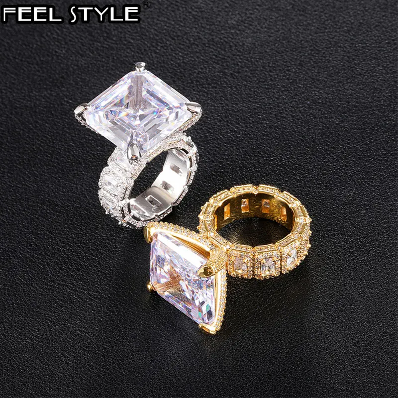 

Hip Hop Popular CZ Stones Baguette Big Square Rings Tready Bling Iced Out Copper Zircon Ring For Men Jewelry