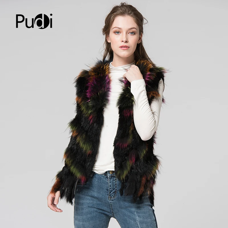 

VR080 New Women's Vest Real Knitted Rabbit Fur Vest With Tassel Raccoon Fur Collar Waistcoats Women