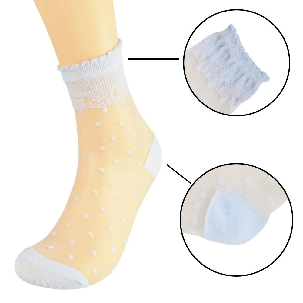 Womens 5 Pairs Ultrathin Transparent White Purple Nude Black Cotton Dot Lace Elastic Short Socks C1S9