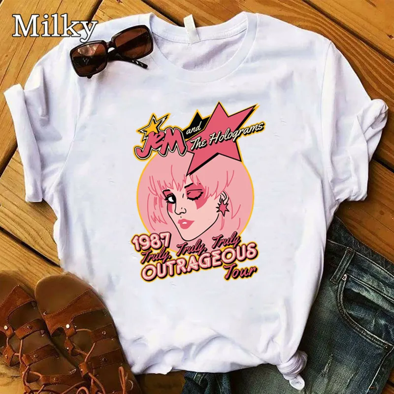 Cool Tops Jem And The Holograms T Shirt Women 90s Girls Shirt Fans Clothes White Hip Hop Rock Tshirt Graphic Tee