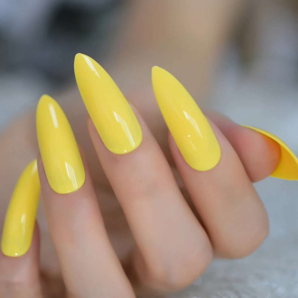 Faux doigts structurels ents extra longs, jaune fluo, à pression, stiletto, brillant, gel, rubans adhésifs gratuits, N64