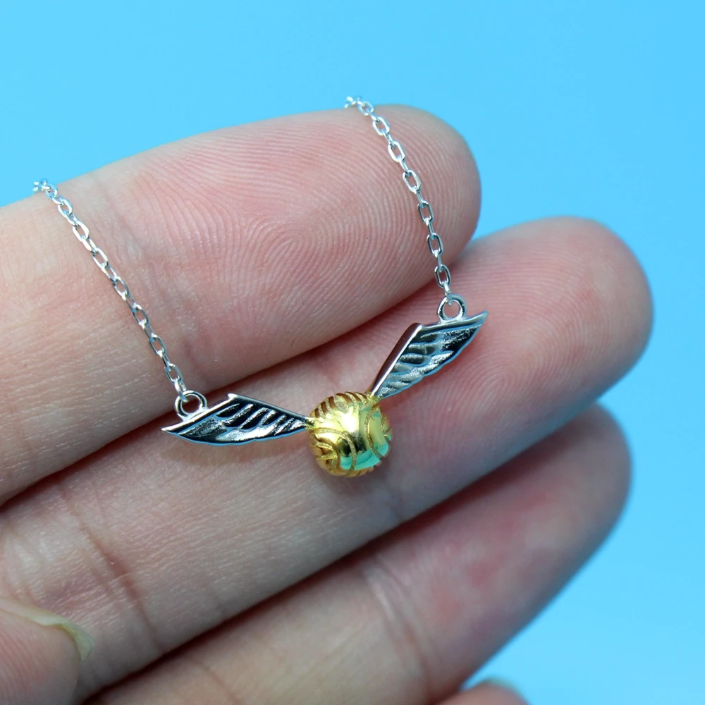 925 Sterling Silver Golden Snitch Pendant Necklace The Deathly Hallows Wing Charm Quidditch Gold Color Snitch Necklace