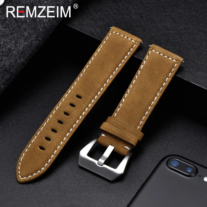 REMZEIM 18mm 20mm 22mm 24mm Matte Leather Watchband Men Women Strap Luxury Brand Red Blue Green Watch Band Accessories