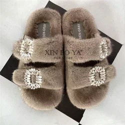 Summer 100% Mink Fur Slippers High-End Luxury Customization 2024 Women's Shoes Flat Fashion Flat Heel Luxury Fluffy Sandals