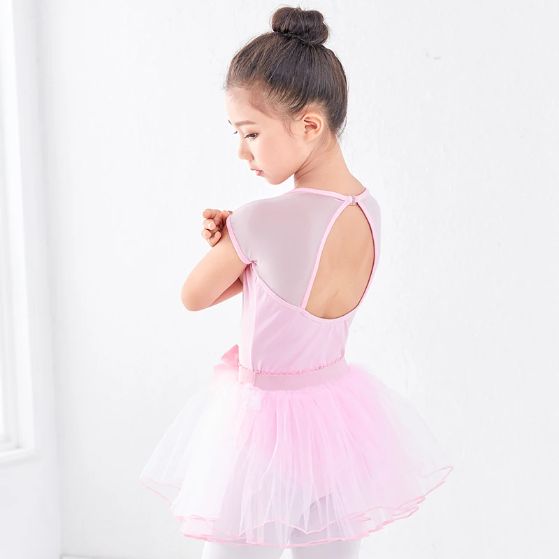 New Styles Children Girls Ballet Short Sleeve Leotard Skirt Dancewear Mesh Splice Open Back Dance Leotard for Ballet