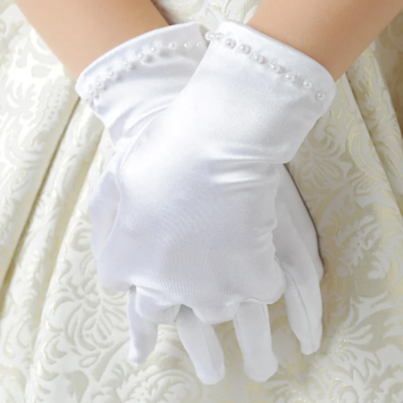 Kids Gift White Elastic Girls formal Etiquette Gloves Pearl Short Lace Bow Halloween Christmas Children Princess Dance Glove G64