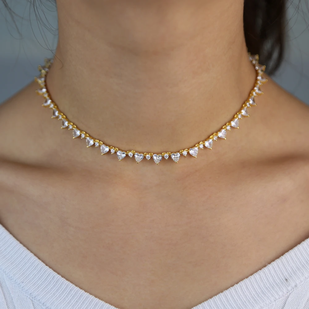2025 Gold Silver Color Delicate Iced Out Sparking Bling White CZ Heart Link Chain Necklace For Girl Women Choker Fashion Jewelry