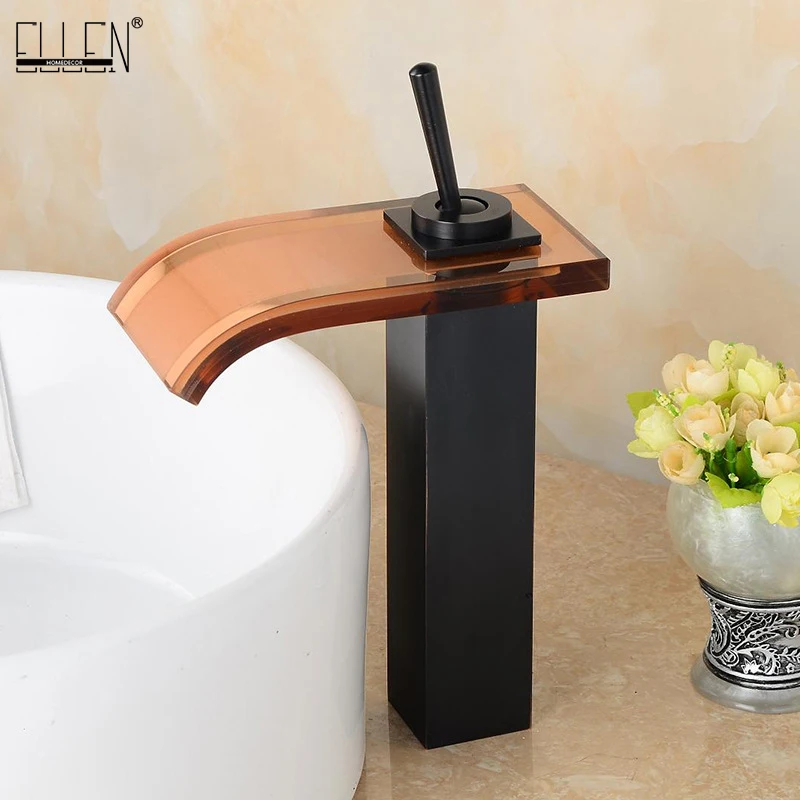 

ELLEN Waterfall Bathroom Faucets Deck Mounted Tall Water Mixer Glass Spout Basin Sink Faucet Oil Rubble Bronze Black Tap EL1413