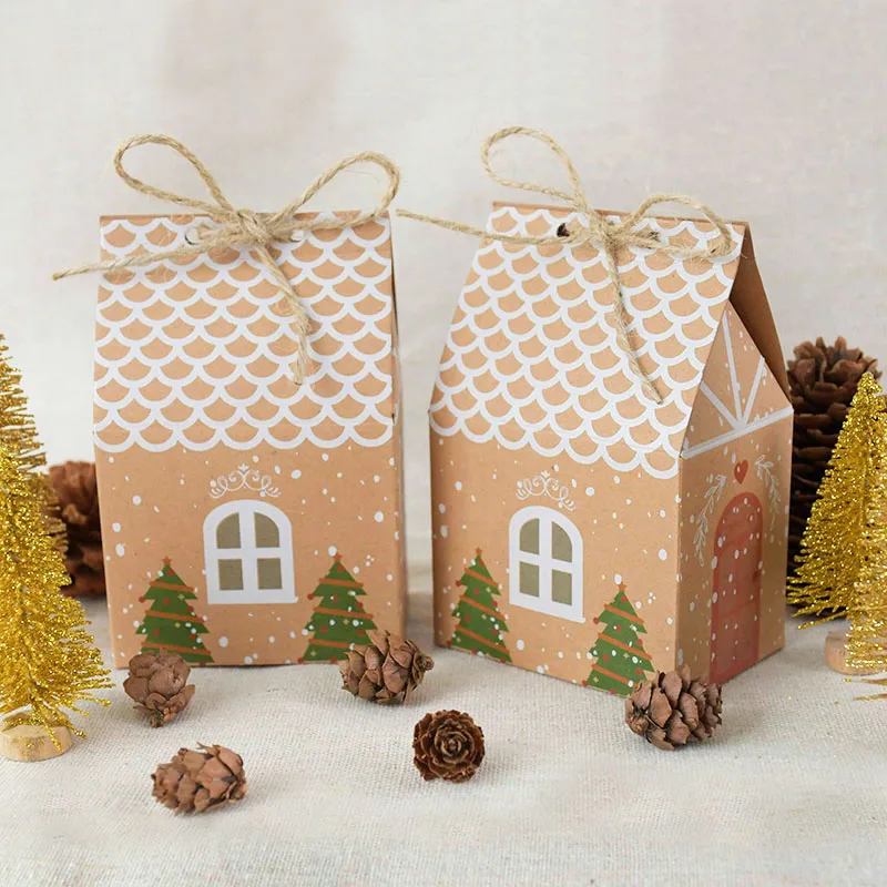 10Pcs Kraft Paper Boxes Christmas Gift Box House Shape Candy Box Food Packing Birthday Wedding Party Favors Bags Supplies