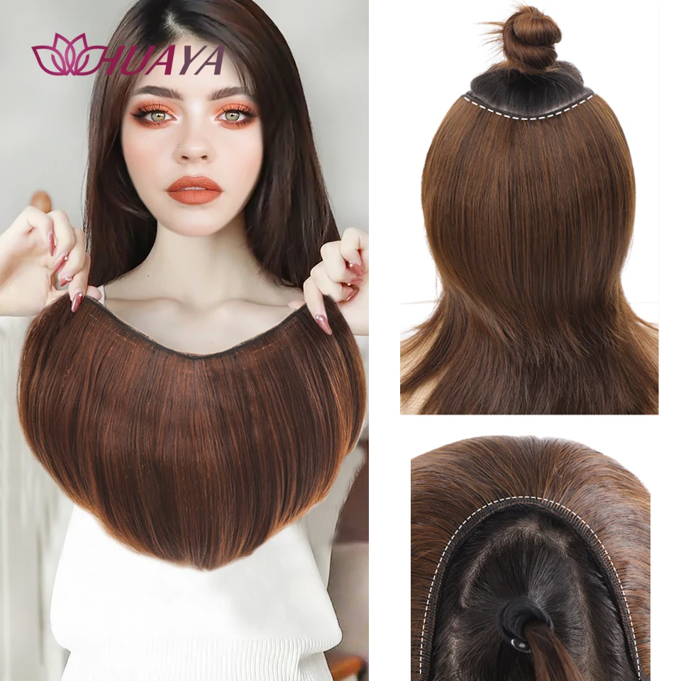 HUAYA Short Hair Pieces Invisible Clip in Hair Pad High Hair Pieces in Hair Extension Fluffy Synthetic Natural Wig For Women