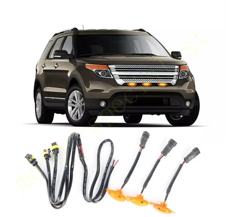 3pcs LED Car Front Grille LED Amber Light Raptor Style Light Kit Decor W/ Wire Speed For Ford Explorer 2011-2015