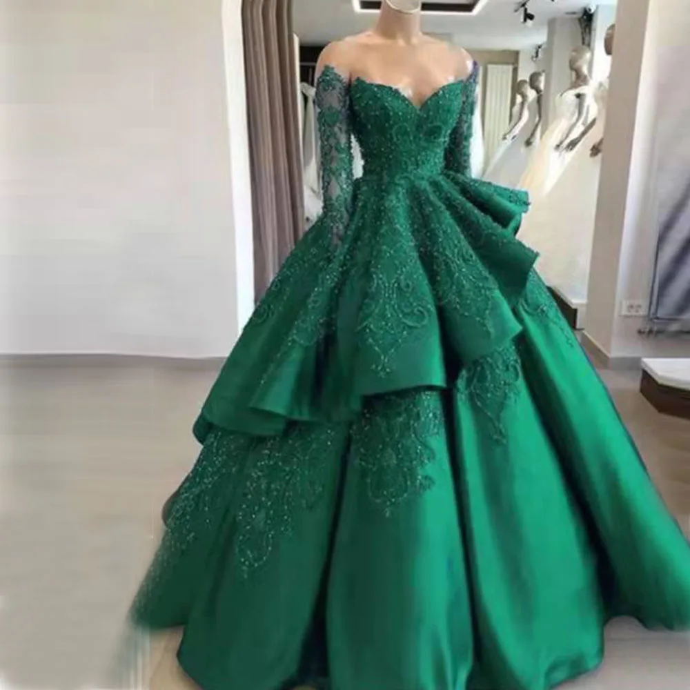 

Deep Green Ball Gown Beads Sequins Quinceanera Dresses Sweetheart Long Off Shoulder Backless Evening Gowns vestidos de fiesta