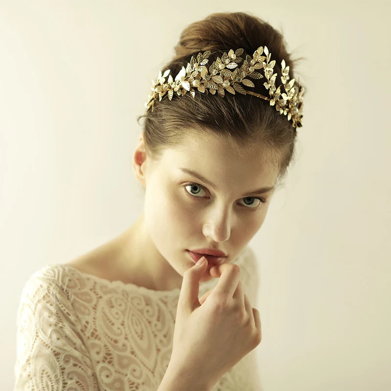 O870 Klassische legierung überzogene hochzeit tiara hochzeit haar zubehör kopfschmuck brautkrone mit blätter für braut