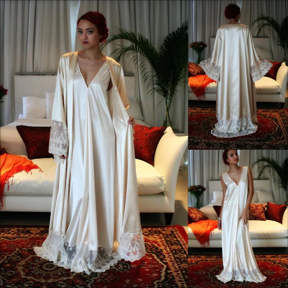 2 Pieces White Satin Wedding Sleepwear Long Sleeves Lace Applique Customize Graceful Tracksuit Evening Party Dress